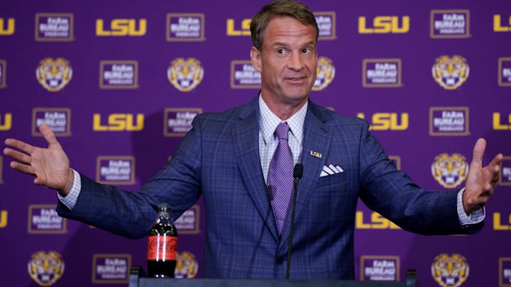 Dec 1, 2025; Baton Rouge, LA, USA; LSU new head coach Lane Kiffin speaks at South Stadium Club at Tiger Stadium.