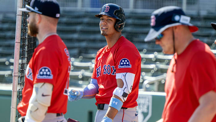 Feb 17, 2025; Lee County, FL, USA; Boston Red Sox  Vaughn Grissom (5) getting ready to bat during spring training at Jet Blue Park at Fenway South. Photo Credit: Chris Tilley-Imagn Images 