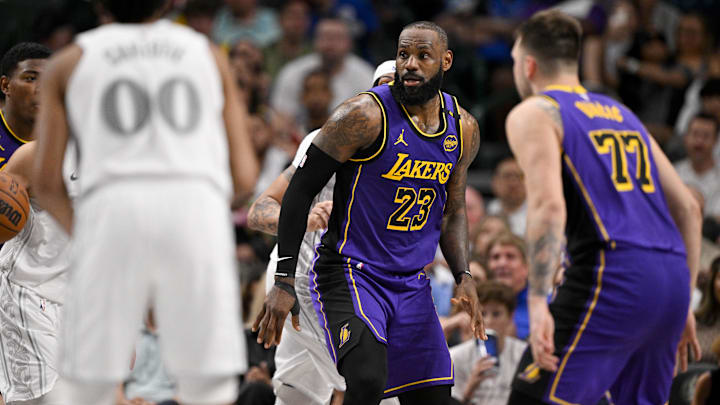 Apr 9, 2025; Dallas, Texas, USA: Los Angeles Lakers forward LeBron James (23) and guard Luka Doncic (77) in action during the game between the Dallas Mavericks and the Los Angeles Lakers at American Airlines Center. Mandatory Credit: Jerome Miron-Imagn Images Apr 9, 2025; Dallas, Texas, USA: Los Angeles Lakers forward LeBron James (23) and guard Luka Doncic (77) in action during the game between the Dallas Mavericks and the Los Angeles Lakers at American Airlines Center. Mandatory Credit: Jerome Miron-Imagn Images