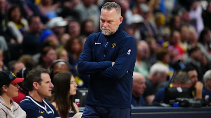 Apr 6, 2025; Denver, Colorado, USA; Denver Nuggets head coach Michael Malone during the third quarter against the Indiana Pacers at Ball Arena. Mandatory Credit: Ron Chenoy-Imagn Images