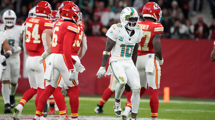 Nov 5, 2023; Frankfurt, Germany; Miami Dolphins wide receiver Tyreek Hill (10) celebrates after a reception against the Kansas City Chiefs during an NFL International Series game at Deutsche Bank Park. Mandatory Credit: Kirby Lee-Imagn Images