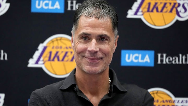 Sep 25, 2024; El Segundo, CA, USA; Los Angeles Lakers general manager Rob Pelinka at press conference at UCLA Health Training Center. Mandatory Credit: Kirby Lee-Imagn Images