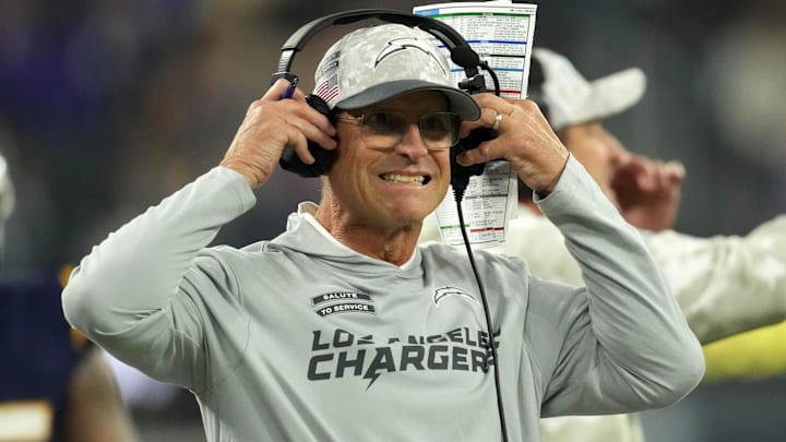 Nov 25, 2024; Inglewood, California, USA; Los Angeles Chargers coach Jim Harbaugh reacts against the Baltimore Ravens in the first half at SoFi Stadium. Mandatory Credit: Kirby Lee-Imagn Images
