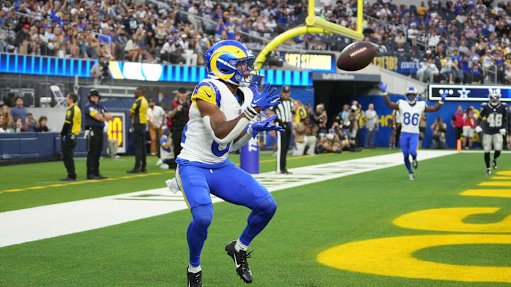 Aug 9, 2025; Inglewood, California, USA; Los Angeles Rams wide receiver Brennan Presley (81) catches a 7-yard touchdown pass in the fourth quarter against the Dallas Cowboys at SoFi Stadium. Mandatory Credit: Kirby Lee-Imagn Images Aug 9, 2025; Inglewood, California, USA; Los Angeles Rams wide receiver Brennan Presley (81) catches a 7-yard touchdown pass in the fourth quarter against the Dallas Cowboys at SoFi Stadium. Mandatory Credit: Kirby Lee-Imagn Images