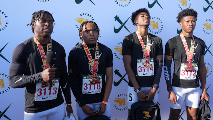Servite track and field boys' relay team medals at the 2025 Arcadia Invitational.