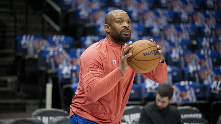 May 3, 2024; Dallas, Texas, USA; LA Clippers forward P.J. Tucker (17) warms up before the game between the Dallas Mavericks and the LA Clippers in game six of the first round for the 2024 NBA playoffs at American Airlines Center. Mandatory Credit: Jerome Miron-Imagn Images