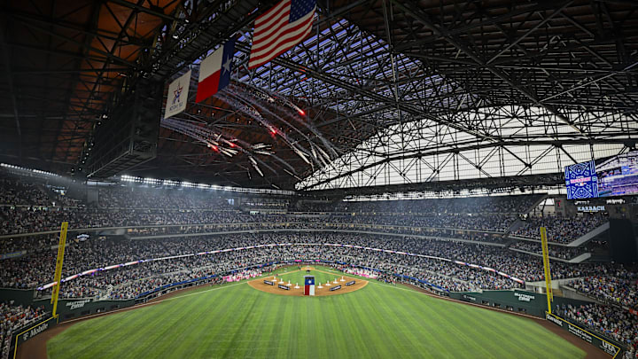 Jul 15, 2024; Arlington, TX, USA; A view of the stadium and the smoke and the fireworks before the 2024 All Star Game Home Run Derby at Globe Life Field. 