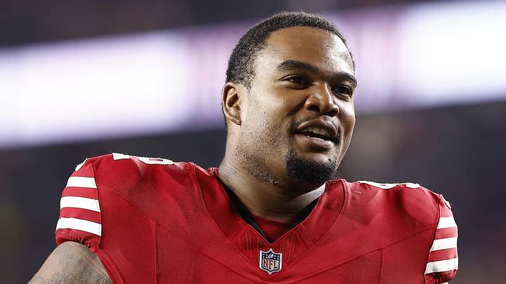 Nov 24, 2025; Santa Clara, California, USA; San Francisco 49ers defensive tackle Jordan Elliott (92) reacts after defeating the Carolina Panthers at Levi's Stadium. Mandatory Credit: Kelley L Cox-Imagn Images