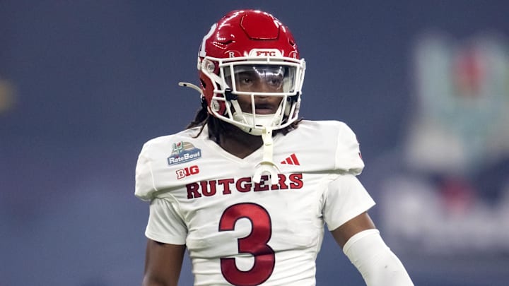 Dec 26, 2024; Phoenix, AZ, USA; Rutgers Scarlet Knights defensive back Bo Mascoe (3) against the Kansas State Wildcats during the Rate Bowl at Chase Field. Mandatory Credit: Mark J. Rebilas-Imagn Images Dec 26, 2024; Phoenix, AZ, USA; Rutgers Scarlet Knights defensive back Bo Mascoe (3) against the Kansas State Wildcats during the Rate Bowl at Chase Field. Mandatory Credit: Mark J. Rebilas-Imagn Images