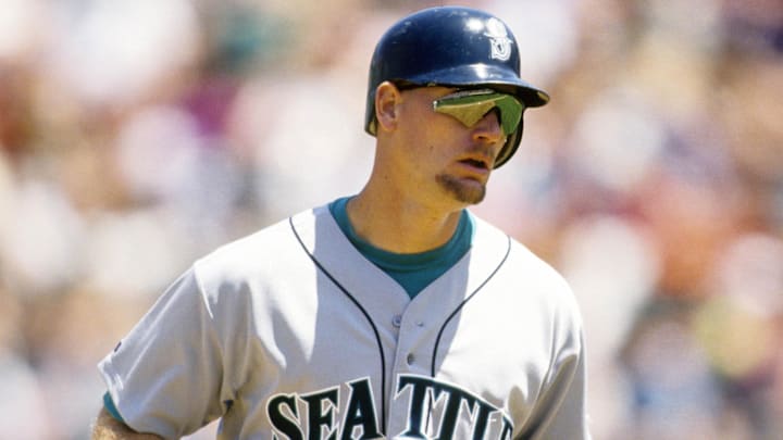 Seattle Mariners right fielder Jay Buhner in action against the Oakland Athletics at an unknown date in 1993 at the Oakland Coliseum. Seattle Mariners right fielder Jay Buhner in action against the Oakland Athletics at an unknown date in 1993 at the Oakland Coliseum.