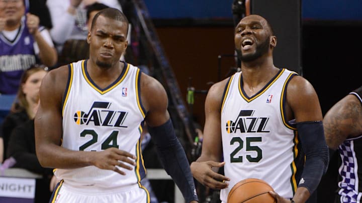 February 9, 2013; Sacramento, CA, USA; Utah Jazz power forward Paul Millsap (24) and center Al Jefferson (25) react after being called for a foul during the third quarter against the Sacramento Kings at Sleep Train Arena. The Kings defeated the Jazz 120-109. Mandatory Credit: Kyle Terada-Imagn Images