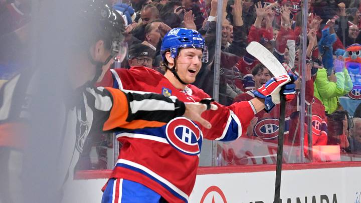 Montreal Canadiens forward Zachary Bolduc (76) celebrates after scoring a goal against the Carolina Hurricanes during the first period at the Bell Centre.  Mandatory Credit: Eric Bolte-Imagn Images