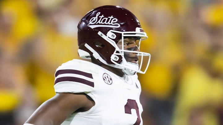 Sep 7, 2024; Tempe, Arizona, USA; Mississippi State Bulldogs safety Isaac Smith (2) against the Arizona State Sun Devils at Mountain America Stadium. Mandatory Credit: Mark J. Rebilas-Imagn Images