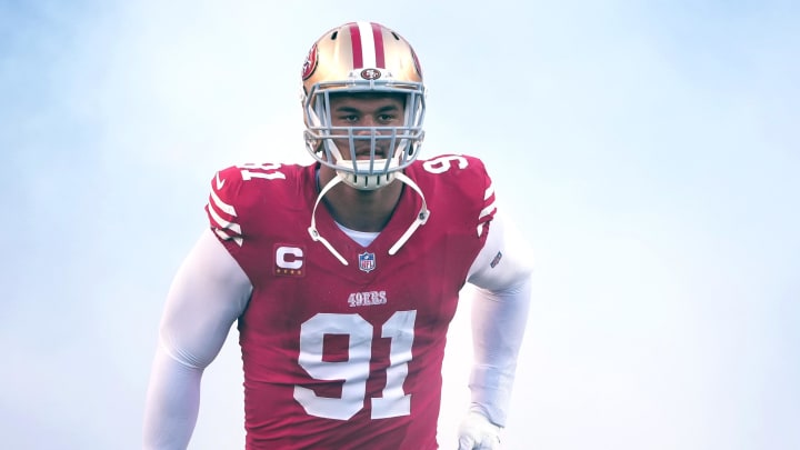 Oct 8, 2023; Santa Clara, California, USA; San Francisco 49ers defensive end Arik Armstead (91) jogs Oct 8, 2023; Santa Clara, California, USA; San Francisco 49ers defensive end Arik Armstead (91) jogs