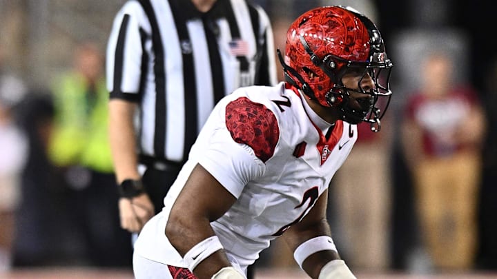 Former San Diego State Aztecs edge Trey White (2) lines up for a play against the Washington State Cougars. Former San Diego State Aztecs edge Trey White (2) lines up for a play against the Washington State Cougars.