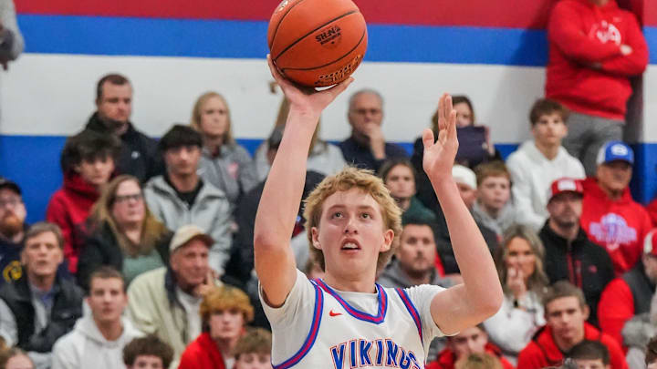 Wisconsin Lutheran's Kager Knueppel (1) elevates for a shot during the game against Slinger at Wisconsin Lutheran High School, in Milwaukee, Wisconsin, Dec. 9, 2025. Wisconsin Lutheran won the game, 68-46.