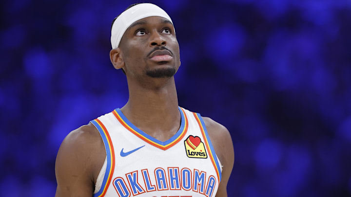 Mar 29, 2026; Oklahoma City, Oklahoma, USA; Oklahoma City Thunder guard Shai Gilgeous-Alexander (2) walks down the court during the first half against the New York Knicks at Paycom Center. Mandatory Credit: Alonzo Adams-Imagn Images