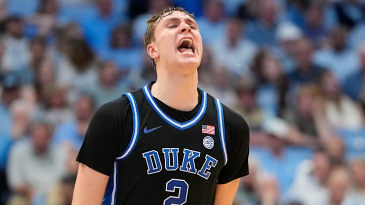 Duke Blue Devils forward Cooper Flagg reacts in the second half at Dean E. Smith Center