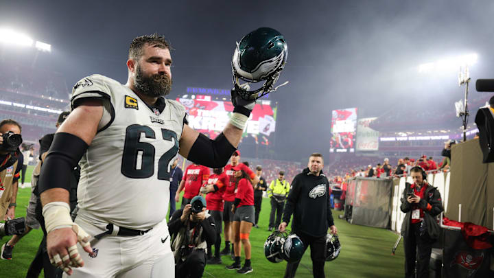 Jan 15, 2024; Tampa, Florida, USA; Philadelphia Eagles center Jason Kelce (62) thanks the fans as he
