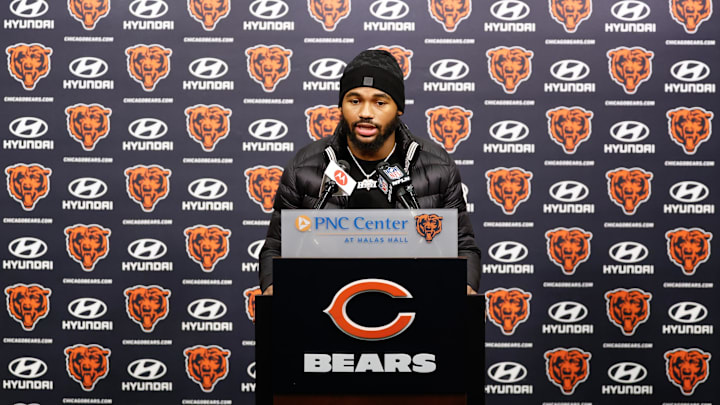 Mar 14, 2024; Lake Forest, IL, USA; Chicago Bears running back D'Andre Swift speaks during a press
