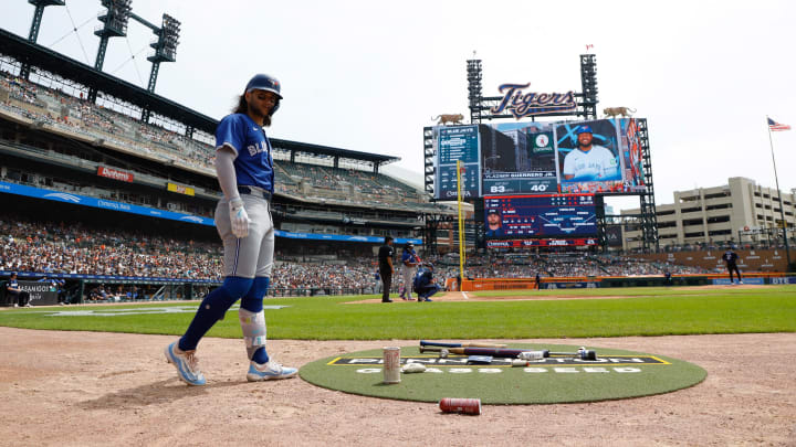 May 26, 2024; Detroit, Michigan, USA; Toronto Blue Jays shortstop Bo Bichette (11) warms up prior to an at-bat in the third inning of the game against the Detroit Tigers at Comerica Park. Mandatory Credit: Brian Bradshaw Sevald-USA TODAY Sports