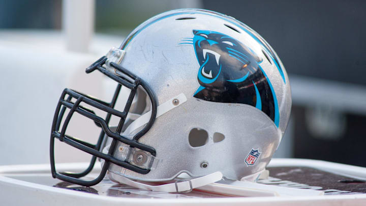 Nov 22, 2015; Charlotte, NC, USA; A Carolina Panthers helmet lays on the sidelines during the second half against the Washington Redskins at Bank of America Stadium. Panthers defeated the Redskins 44-16. Mandatory Credit: Jeremy Brevard-Imagn Images
