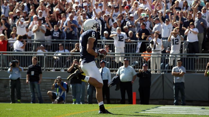 Oct 9, 2010; University Park, PA, USA; Penn State Nittany Lions wide receiver Derek Moye (6) crosses the goal line after catching a pass in the second quarter against the Illinois Fighting Illini at Beaver Stadium. Illinois defeated Penn State 33-13. Mandatory Credit: Rob Christy-Imagn Images Oct 9, 2010; University Park, PA, USA; Penn State Nittany Lions wide receiver Derek Moye (6) crosses the goal line after catching a pass in the second quarter against the Illinois Fighting Illini at Beaver Stadium. Illinois defeated Penn State 33-13. Mandatory Credit: Rob Christy-Imagn Images
