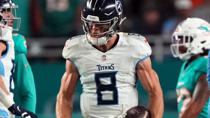 Dec 11, 2023; Miami Gardens, Florida, USA; Tennessee Titans quarterback Will Levis (8) celebrates