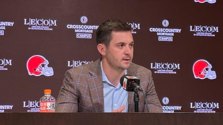 Tommy Rees speaks to reporters during his introductory news conference as Cleveland Browns offensive coordinator.