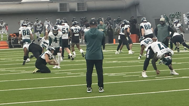 The Eagles' kicking operation during a recent practice - long snapper Charley Hughlett, holder Braden Mann, and kicker Jake Elliott.