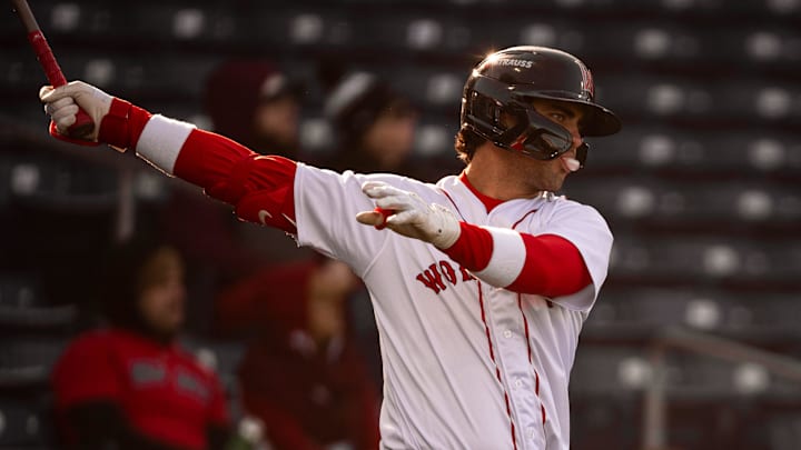 Marcelo Mayer takes a practice swing before an at-bat during a WooSox game on April 9, 2025 at Polar Park. Marcelo Mayer takes a practice swing before an at-bat during a WooSox game on April 9, 2025 at Polar Park.