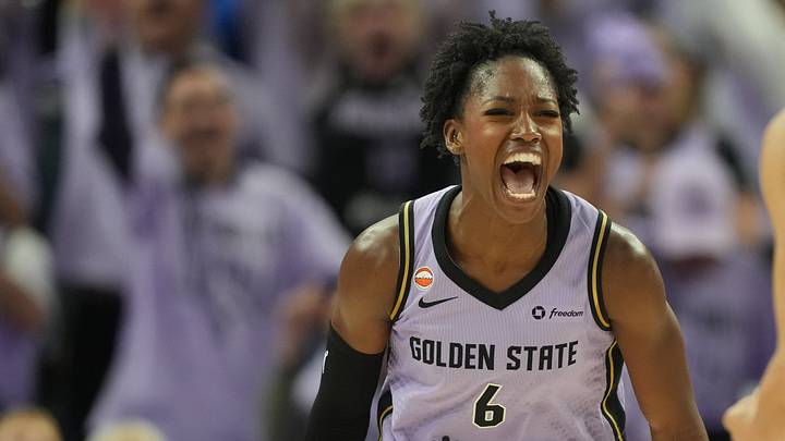 Oct 2, 2026; San Francisco, California, USA; Golden State Valkyries guard-forward Kaila Charles (6) reacts with forward Gabby Williams (1) after making a three-point basket against the Dallas Wings during the fourth quarter of game three of the first round for the 2026 WNBA Playoffs at Chase Center. Mandatory Credit: Darren Yamashita-Imagn Images