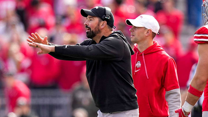 Ohio State Buckeyes head coach Ryan Day speaks to his players in the first half at Ohio Stadium on Saturday, Nov. 9, 2024 in Columbus, Ohio. Ohio State Buckeyes head coach Ryan Day speaks to his players in the first half at Ohio Stadium on Saturday, Nov. 9, 2024 in Columbus, Ohio.