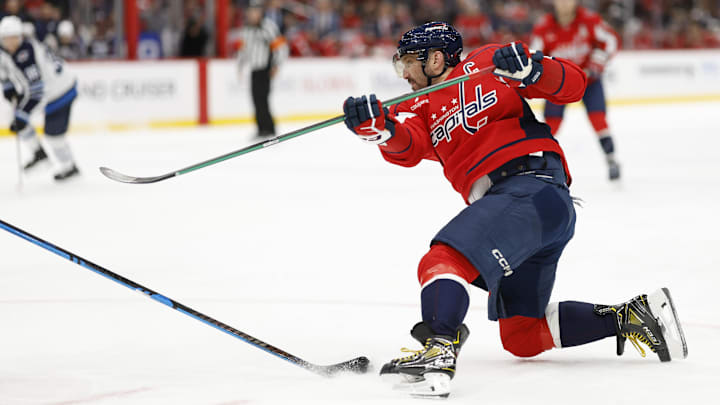 Nov 26, 2025; Washington, District of Columbia, USA; Washington Capitals left wing Alex Ovechkin (8) attempts a shot on goal