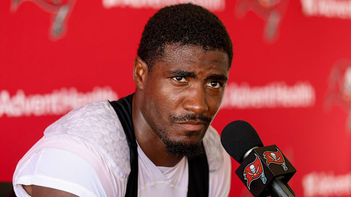 Jul 31, 2025; Tampa, FL, USA; Tampa Bay Buccaneers running back Rachaad White (1) talks to media after training camp at AdventHealth Training Center. Mandatory Credit: Nathan Ray Seebeck-Imagn Images