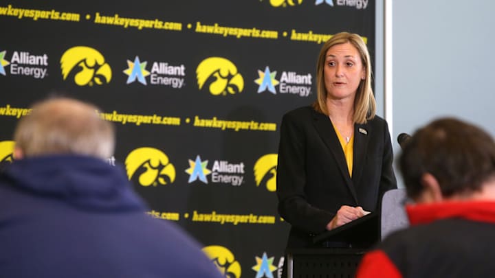 University of Iowa Athletic Director Beth Goetz speaks Tuesday, Jan. 23, 2024 at Carver-Hawkeye Arena in Iowa City, Iowa.