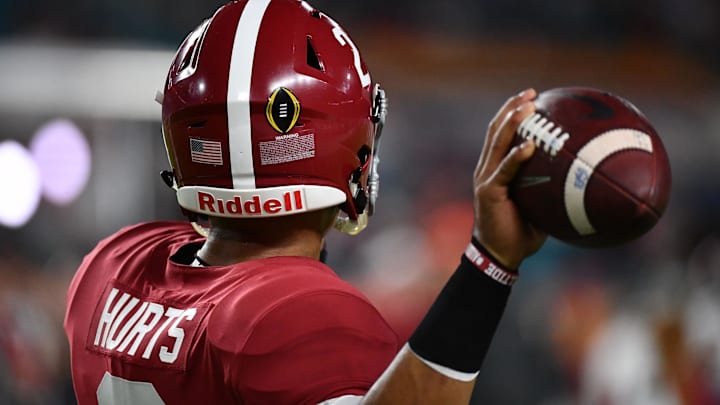 Dec 29, 2018; Miami Gardens, FL, USA; Alabama Crimson Tide quarterback Jalen Hurts (2) warms up prior to the 2018 Orange Bowl college football playoff semifinal game at Hard Rock Stadium. Mandatory Credit: Jasen Vinlove-Imagn Images Dec 29, 2018; Miami Gardens, FL, USA; Alabama Crimson Tide quarterback Jalen Hurts (2) warms up prior to the 2018 Orange Bowl college football playoff semifinal game at Hard Rock Stadium. Mandatory Credit: Jasen Vinlove-Imagn Images