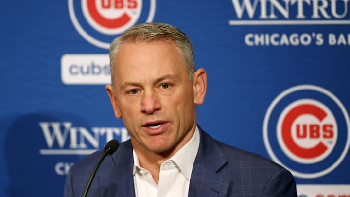 Jan 12, 2024; Chicago, IL, USA; Chicago Cubs president of baseball operations Jed Hoyer talks to the media after introducing pitcher Shota Imanaga (not pictured) during a press conference at Loews Chicago Hotel. Jan 12, 2024; Chicago, IL, USA; Chicago Cubs president of baseball operations Jed Hoyer talks to the media after introducing pitcher Shota Imanaga (not pictured) during a press conference at Loews Chicago Hotel.