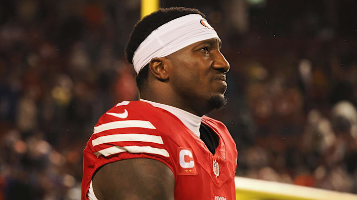 Dec 12, 2024; Santa Clara, California, USA; San Francisco 49ers wide receiver Deebo Samuel Sr (1) before the game against the Los Angeles Rams at Levi's Stadium. Mandatory Credit: Kelley L Cox-Imagn Images