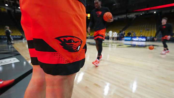 Jan 7, 2023; Boulder, Colorado, USA; Detailed view of a Oregon State Beavers logo prior to the game against the Colorado Buffaloes at CU Events Center. Mandatory Credit: Ron Chenoy-Imagn Images