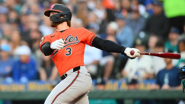 Jun 17, 2026; Seattle, Washington, USA; Baltimore Orioles left fielder Taylor Ward (3) hits a single against the Seattle Mariners during the fifth inning at T-Mobile Park. Jun 17, 2026; Seattle, Washington, USA; Baltimore Orioles left fielder Taylor Ward (3) hits a single against the Seattle Mariners during the fifth inning at T-Mobile Park.