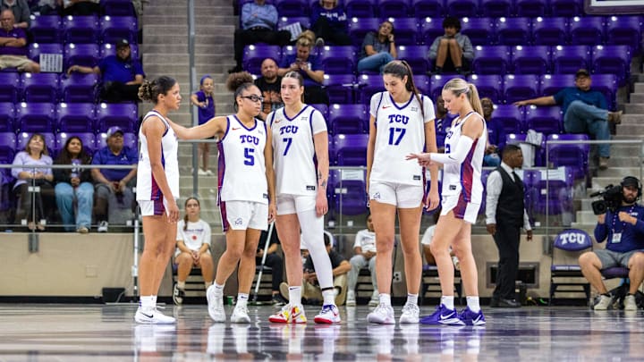 TCU Horned Frogs guard Donovyn Hunter, Guard Olivia Miles, forward Marta Suarez, center Clara Silva and guard Maddie Scherr talk during TCU's 82-43 win over North Carolina A&T on Nov. 6 at Schollmaier Arena in Fort Worth, TX. TCU Horned Frogs guard Donovyn Hunter, Guard Olivia Miles, forward Marta Suarez, center Clara Silva and guard Maddie Scherr talk during TCU's 82-43 win over North Carolina A&T on Nov. 6 at Schollmaier Arena in Fort Worth, TX.