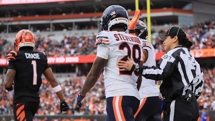 Nov 2, 2025; Cincinnati, Ohio, USA; Chicago Bears cornerback Tyrique Stevenson (29) and Cincinnati Bengals wide receiver Ja'Marr Chase (1) walk back to the line of scrimmage during the second quarter at Paycor Stadium. Mandatory Credit: Katie Stratman-Imagn Images