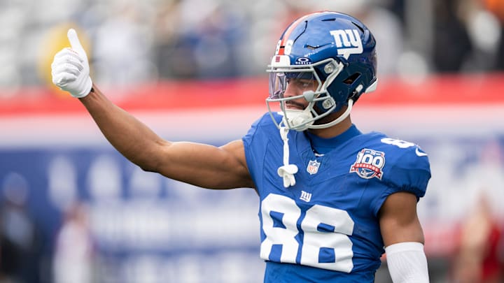 New York Giants wide receiver Darius Slayton (86) gestures during warm ups before a game between New York Giants and Indianapolis Colts at MetLife Stadium on Sunday, Dec. 29, 2024. New York Giants wide receiver Darius Slayton (86) gestures during warm ups before a game between New York Giants and Indianapolis Colts at MetLife Stadium on Sunday, Dec. 29, 2024.