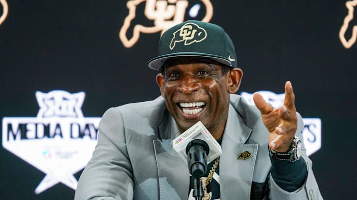 Deion Sanders speaks with the media during this year's Big 12 Football Media Days at The Star.