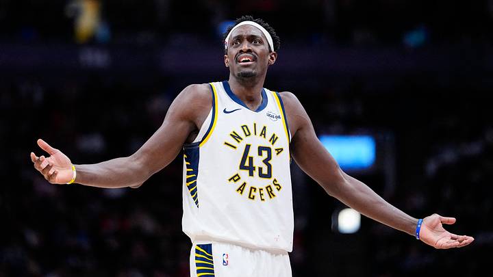 Feb 8, 2026; Toronto, Ontario, CAN;  Indiana Pacers forward Pascal Siakam (43) reacts after a call at a NBA game against the Toronto Raptors at Scotiabank Arena. Mandatory Credit: Kevin Sousa-Imagn Images