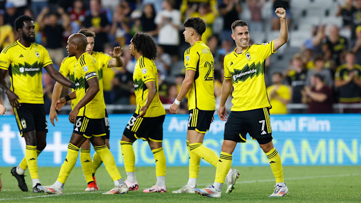 Jul 27, 2024; Columbus, Ohio, USA; Columbus Crew midfielder Dylan Chambost (7) celebrates a goal during the second half in the Leagues Cup Showcase game against Aston Villa at Lower.com Field. Mandatory Credit: Graham Stokes-USA TODAY Sports