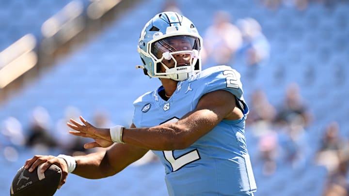 Sep 13, 2025; Chapel Hill, N.C.; North Carolina quarterback Bryce Baker (2) passes before the game.