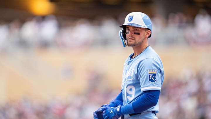 May 24, 2025; Minneapolis, Minnesota, USA; The third base umpire calls Kansas City Royals left fielder Michael Massey (19) out for swinging on a ball pitched by Minnesota Twins starting pitcher Zebby Matthews (52, not shown) in the second inning at Target Field. Mandatory Credit: Matt Blewett-Imagn Images