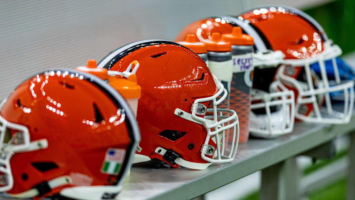 Nov 17, 2024; New Orleans, Louisiana, USA; Detailed view of the Cleveland Browns helmets on a time out against the New Orleans Saints during the first half at Caesars Superdome. Mandatory Credit: Stephen Lew-Imagn Images Nov 17, 2024; New Orleans, Louisiana, USA; Detailed view of the Cleveland Browns helmets on a time out against the New Orleans Saints during the first half at Caesars Superdome. Mandatory Credit: Stephen Lew-Imagn Images